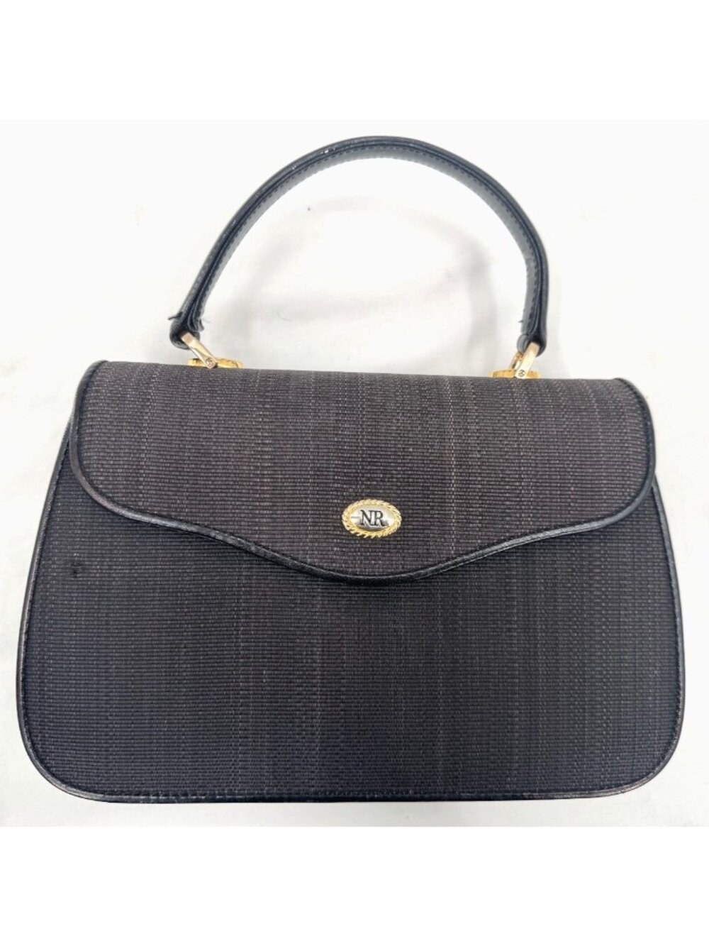 Vintage 70s Nina Ricci Black Textured Fabric Leather Top Handle Flap Bag Logo